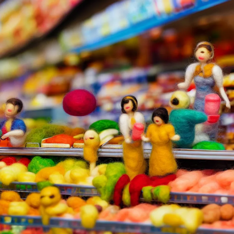 Image similar to needle felted person buying food at supermarket, highly detailed, tilt shift, cute, hyperrealism, highly textured, god rays