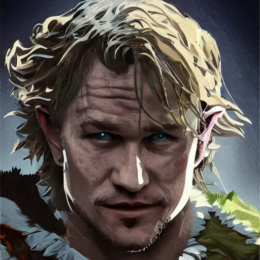 Image similar to heath ledger in the art style of breath of the wild, grimdark dramatic lighting, digital art, intricate, highly detailed, matte painting, fine art