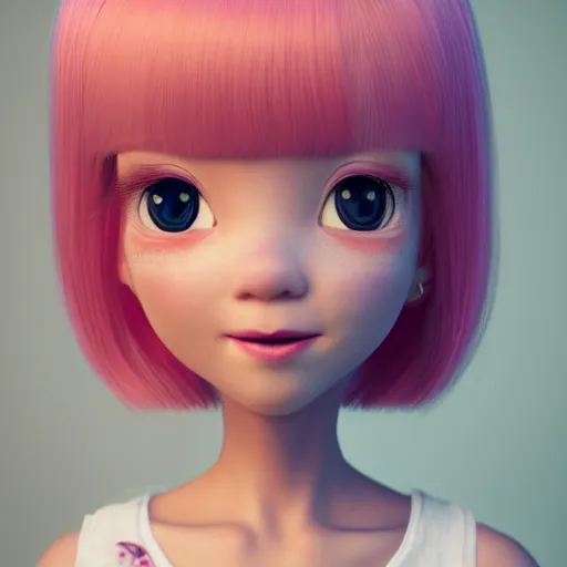 Image similar to A portrait of Nikki from Shining Nikki and Love, a cute 3d cgi toon young woman with long light pink hair, full bangs, hazel eyes, full face, light makeup, pale skin, Chinese heritage, cute outfit, medium shot, mid-shot, hyperdetailed, 8k, trending on artstation, as a Pixar character