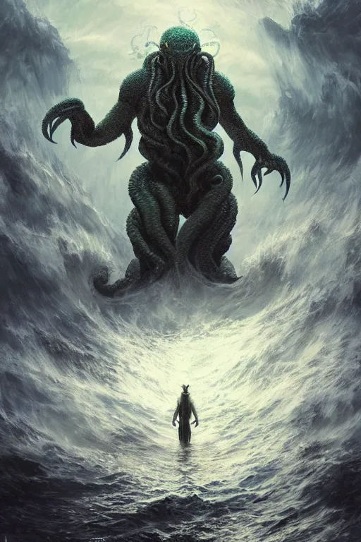 Image similar to cthulhu kaiju, ocean, storm, digital art, magic the gathering, mtg, by greg rutkowski, trending on artstation