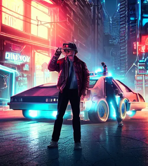 Prompt: marty mcfly standing besides a steampunk delorean in a cyberpunk city, neon signs, futuristic, realistic, 8 k, extremely detailed, cgi, trending on artstation, hyper - realistic render, 4 k hd wallpaper, premium prints available, by greg rutkowski, esuthio, craig mullins, dystopian scifi gear, gloomy