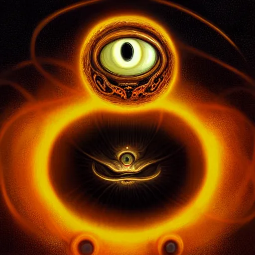 Image similar to a detailed digital art of an alien creature with multiple eyes and tentacles emerges from a glowing orb in the center of a dark, foreign landscape,by Albert Bierstadt, Yohann Schepacz and Laurel Burch,style of grim dark, Kai Fine Art, chiaroscuro, dark academia, copper patina,detailed, ornate, maximalist, 8k, cinematic, compositing, post processing, award winning art,artstationHQ,artstationHD