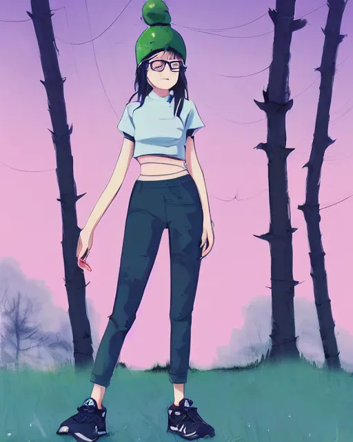 Prompt: Outfit concept of an anime girl wearing a black grey and blue crop top, rounded eyeglasses, a beanie, and sneakers grey. painted by Simon Stålenhag, detailed, deviantart, high quality