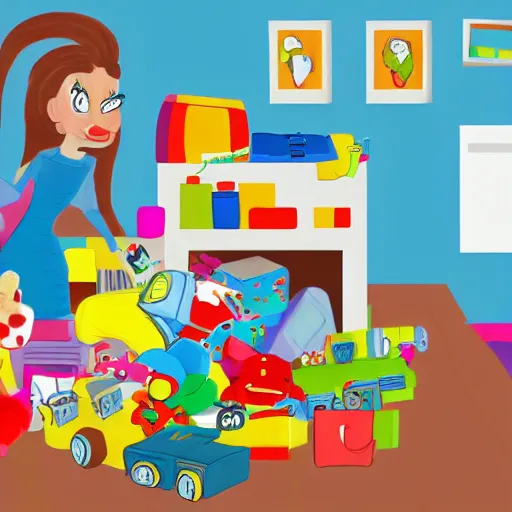 Prompt: a painted cartoonish scene, an open suitcase sits on a table, the open suitcase contains a vast pile of toys, the pile of toys rises all the way to the ceiling, the pile of toys blocks the background, a woman stands next to the table and suitcase, the woman holds more toys
