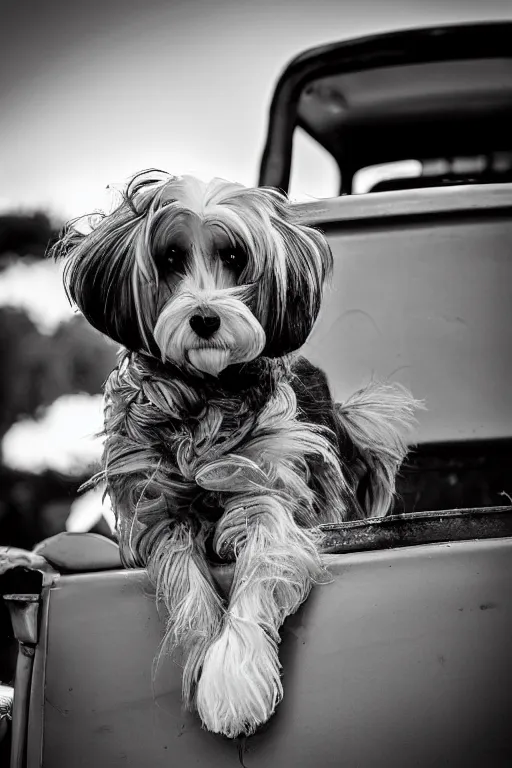 Prompt: “a Havanese dog with a ponytail and wearing cowboy boots, sitting on the back of a vintage Ford pick-up truck” 20 mm photo, Leica, F4”