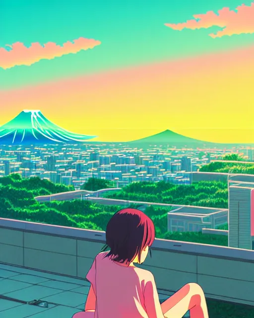 Prompt: detailed aesthetic vaporwave illustration of a girl sitting on the rooftop anime digital art award winning scenery cinematic scene sunset in japan by studio ghibli
