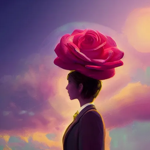 Image similar to closeup, giant rose flower head, frontal, girl in a suit, surreal photography, sunrise, dramatic light, impressionist painting, digital painting, artstation, simon stalenhag