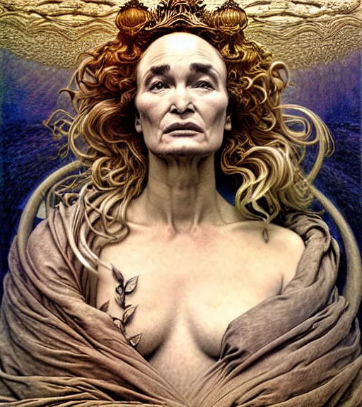 Image similar to detailed realistic beautiful jessica lange as queen of jupiter face portrait by jean delville, gustave dore and marco mazzoni, art nouveau, symbolist, visionary, gothic, pre - raphaelite. horizontal symmetry by zdzisław beksinski, iris van herpen, raymond swanland and alphonse mucha. highly detailed, hyper - real, beautiful