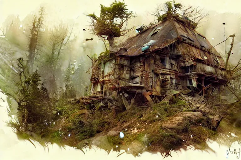 Image similar to (((((a ramshackle outpost in the forest))))) by Jean-Baptiste Monge!!!!!!!!!!!!!!!!!!!!!!!!!!!