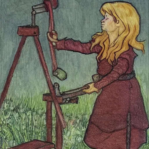 Image similar to the blacksmits’ daughter, working in the forge, fantasy art in the style of Elsa Beskow,