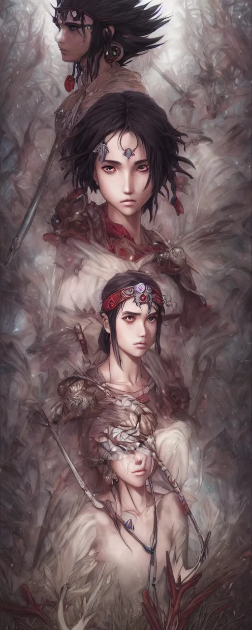 Image similar to emotional and moody princess mononoke full body portrait, dark fantasy studio ghibli , closeup, D&D, fantasy, intricate, elegant, highly detailed, digital painting, artstation, concept art, matte, sharp focus, illustration, art by Artgerm and Ayami Kojima and Tom Bagshaw and Greg Rutkowski and Alphonse Mucha