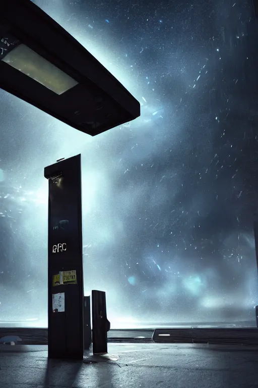 Image similar to The phonebooth at the edge of the universe, dramatic lighting, cinematic, establishing shot, extremely high detail, foto realistic, cinematic lighting, post processed, concept art, high details, cinematic, 8k resolution, beautiful detailed, photorealistic, digital painting, artstation, concept art, smooth, sharp focus, artstation trending, octane render, unreal engine