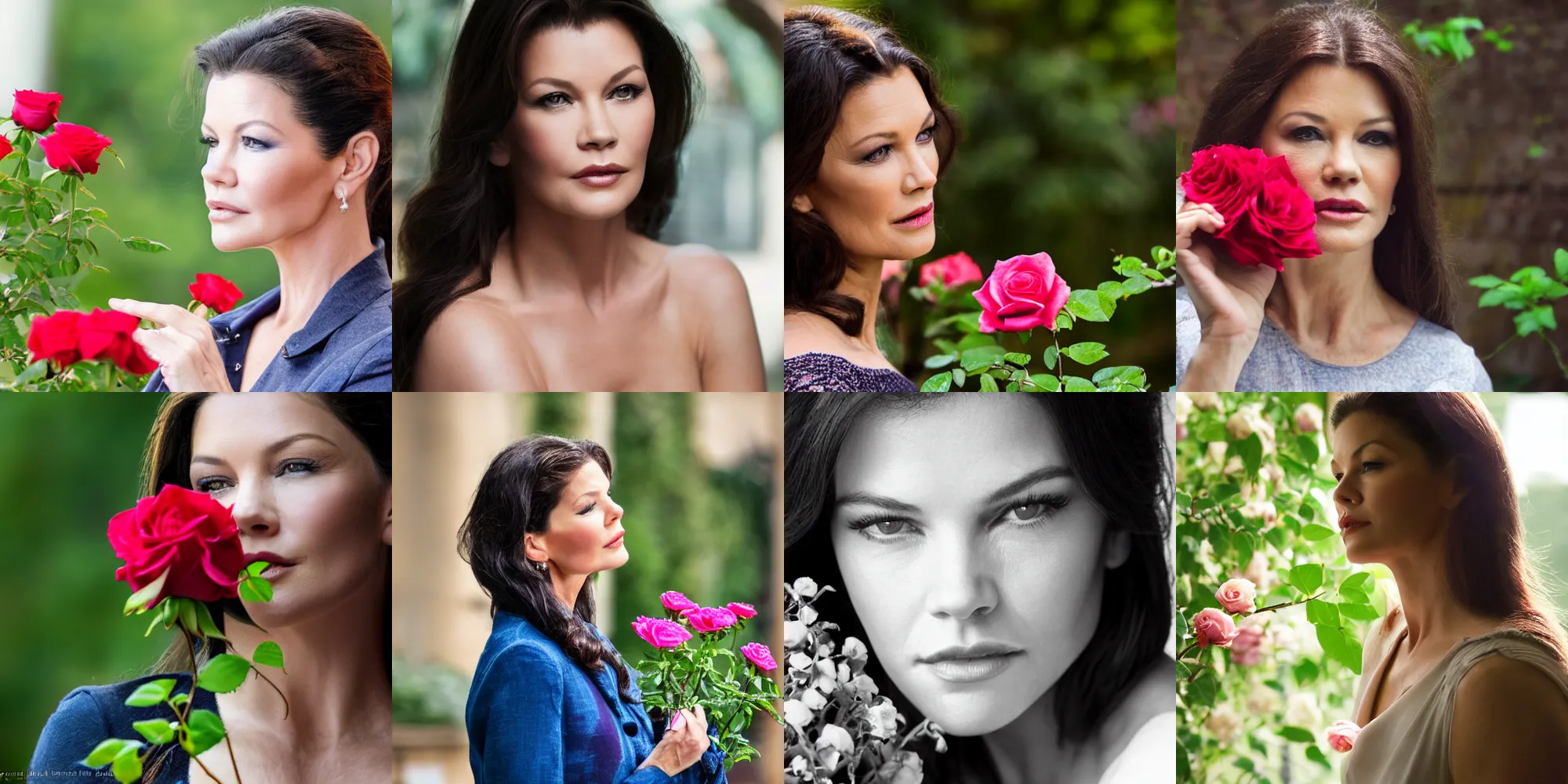 Prompt: Young Catherine Zeta-Jones intensely smelling roses, XF IQ4, 150MP, 50mm, F1.4, ISO 200, 1/160s, natural light