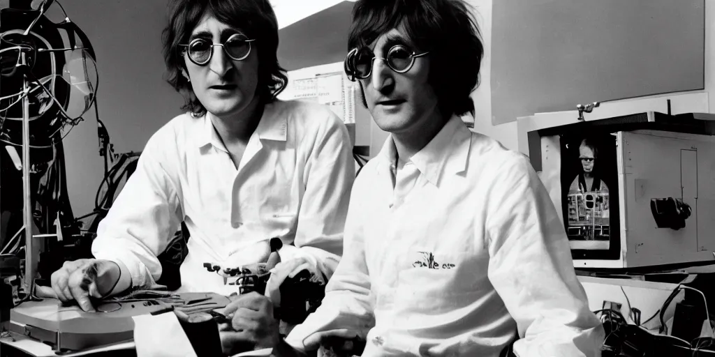 Image similar to John Lennon asa scientist working on a ufo, black & white photograph