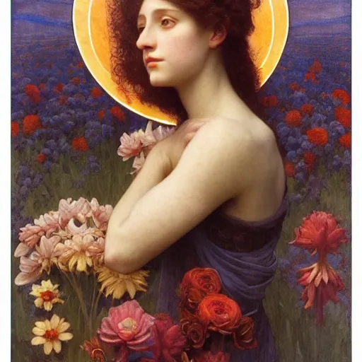 Image similar to queen of flowers, by annie swynnerton and charlie bowater and tino rodriguez and nicholas roerich and jean delville and evelyn de morgan and william - adolphe bouguereau, dramatic lighting, floral tattoos, rich colors, smooth sharp focus, extremely detailed, donato giancola, adolf wolfli