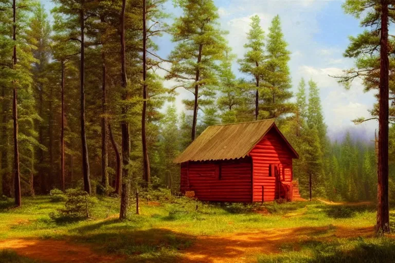 Prompt: small red wooden cabin in the distance in pine forest, very detailed, focused, oil painting, colorful, cinematic lighting, canvas, artstation, Albert Bierstadt, Sydney Mortimer Laurence