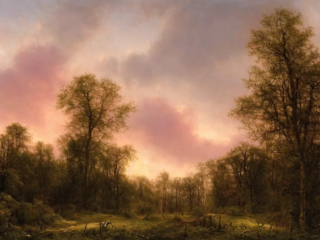 Image similar to a gorgous witchhouse in a woodland, evening mood, pink clouds in the sky, by clive madgwick