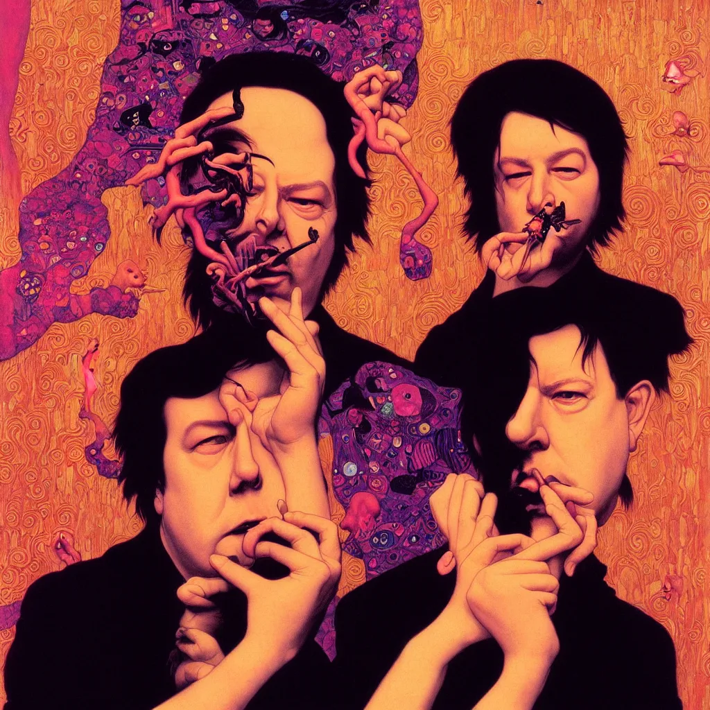 Image similar to weird and disturbing portrait of bill hicks smoking, vivid colors, neon, art by ( ( ( kuvshinov ilya ) ) ) and wayne barlowe and gustav klimt and artgerm and wlop and william - adolphe bouguereau