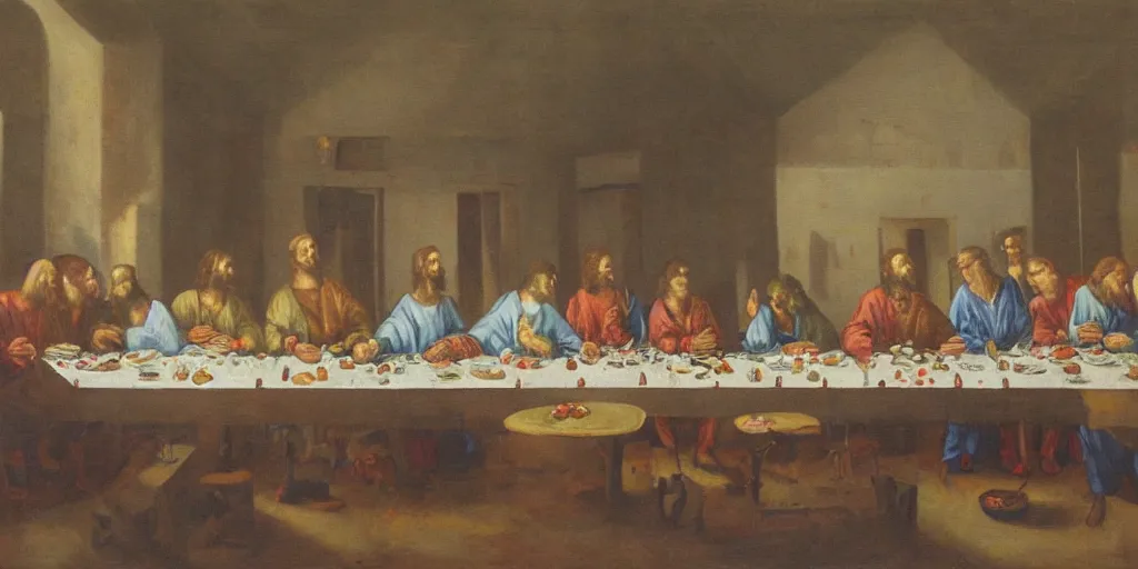 Prompt: the last supper in bishop hill colony farm by olof krans oil on board