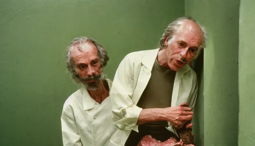 Prompt: 70s movie still of a ill skinny old man with meat clothes in a green wall hospital, eastmancolor, heavy grain, high quality, higly detailed, liminal space