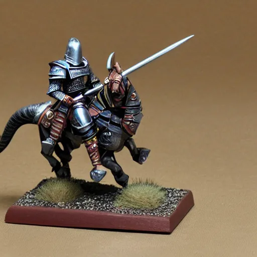 Image similar to Warhammer, D&D, high detail, miniature of medieval knight riding an allosaurus, heavy cavalry, Asgard rising, MyMiniFactory, 28mm scale