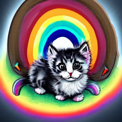 Image similar to wide angle full body, of a fluffy cute rainbow kitten wearing a black leather motorcycle jacket, concept art