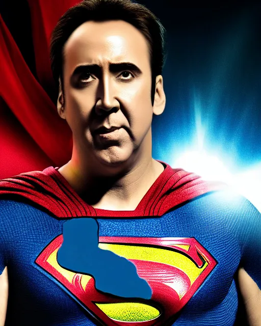 Image similar to Nicolas Cage as Superman, cinematic lighting, 4k photograph