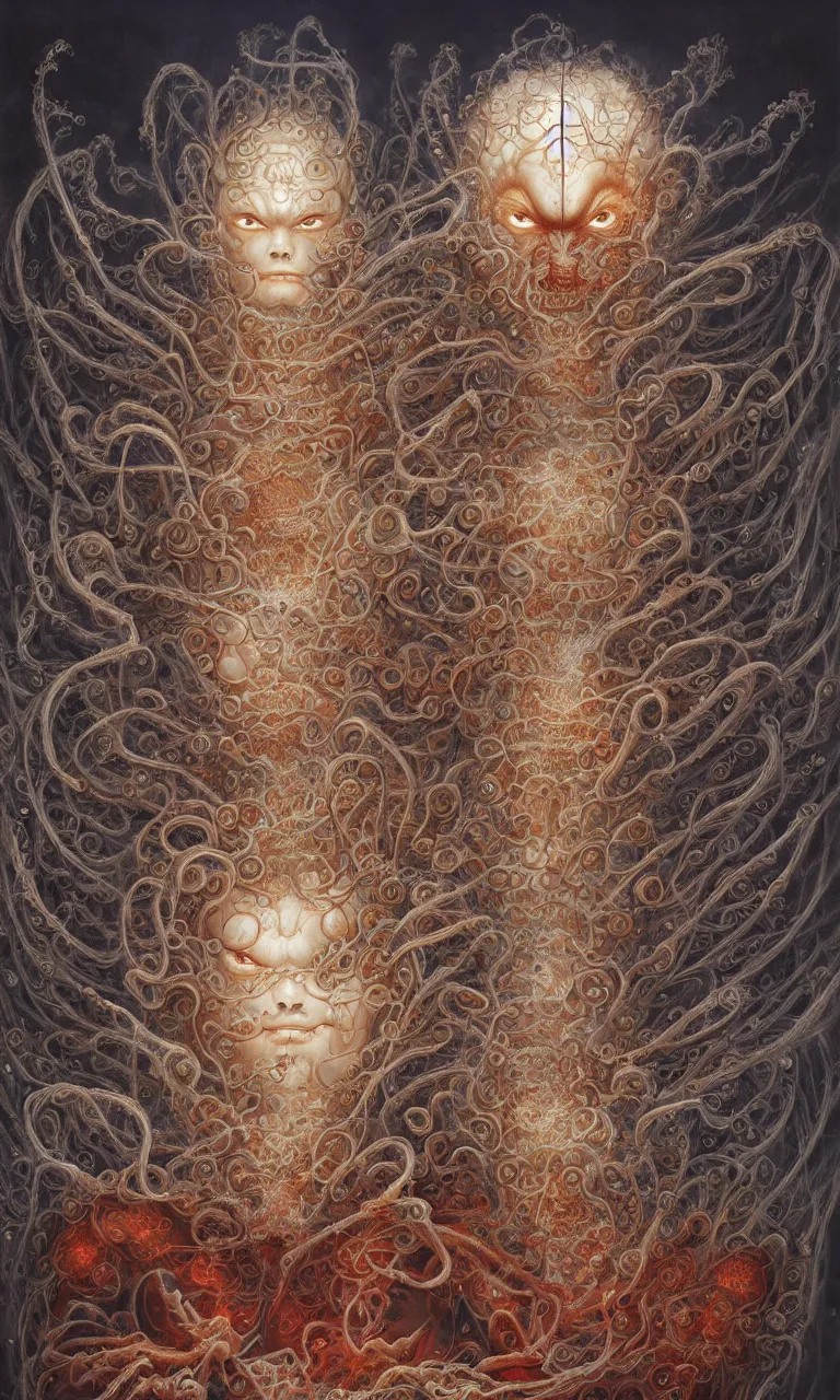 Image similar to asura from chinese myth, taoism of chinese, ghost weared mecha, flowing mucus, organic fractal mycelum and fungi, stunning atmosphere, symmetrical, painting by zdzislaw, ayami kojima, yamamoto, barclay shaw, karol bak, hyperrealist, 8 k