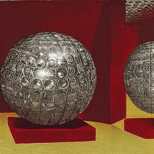 Prompt: chrome spheres on a red cube by hendrick goltzius