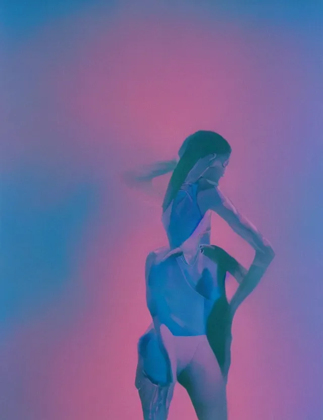 Image similar to nike campaign, blue rays, redshift, wide shot, coloured polaroid photograph, pastel, kodak film, hyper real, stunning moody cinematography, by maripol, fallen angels by wong kar - wai, style of suspiria and neon demon, david hockney, detailed, oil on canvas