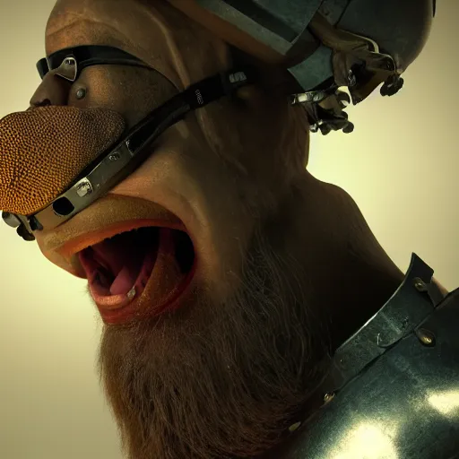 Image similar to highly detailed octane render of a close up portrait of an ugly man with a giant beard wearing goggles and armour and screaming in a cave whilst being chased by giant insects