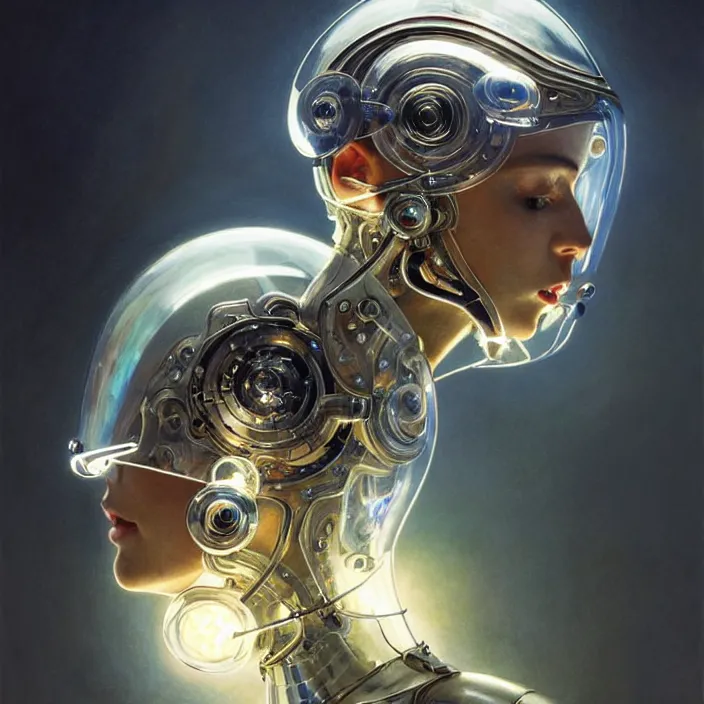 Prompt: glass cyborg, helmet made of glass, light shining from eyes, diffuse lighting, fantasy, intricate, elegant, highly detailed, lifelike, photorealistic, digital painting, artstation, illustration, concept art, smooth, sharp focus, art by john collier and albert aublet and krenz cushart and artem demura and alphonse mucha