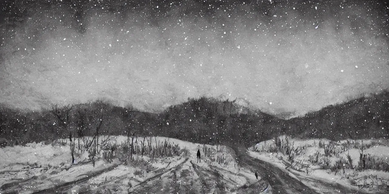 Image similar to laurentian appalachian mountains in winter, unique, original and creative black ink landscape, surrealist artwork, snowy night, distant town lights, aurora borealis, deers and ravens, lonely human walking, footsteps in the snow, fascinating textures, outstanding composition