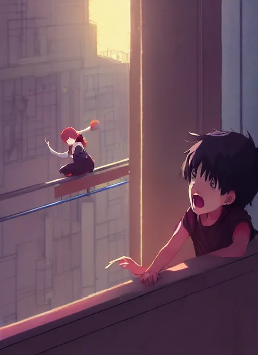 Image similar to boy shouting at the girl above on the balcony, illustration concept art anime key visual trending pixiv fanbox by wlop and greg rutkowski and makoto shinkai and studio ghibli