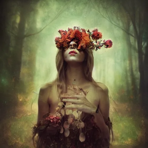 Prompt: a beautiful artwork portrait of a flower druid performing magic, by Brooke Shaden, featured on artstation