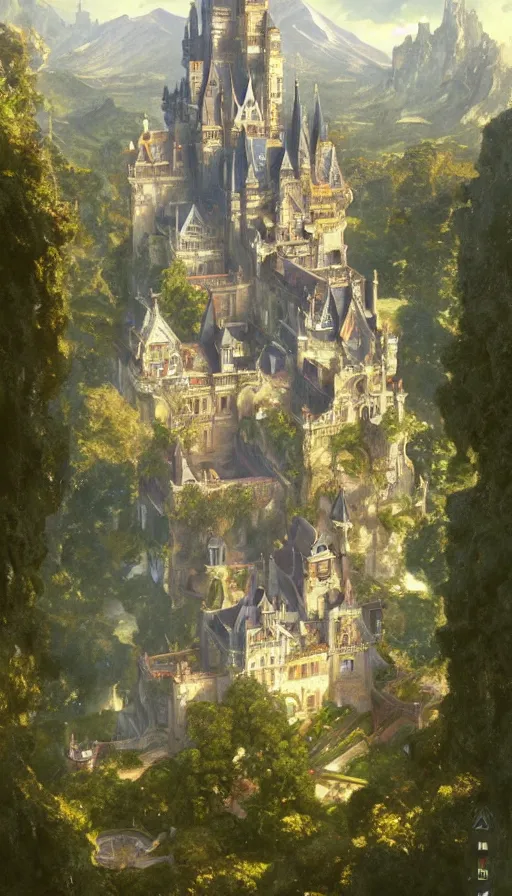 Image similar to castle seen from the sky, cyberpunk, design on white background, beautiful details, lush foliage, drawn by john singer sargent, tom bagshaw, norman rockwell, alphonso mucha, lolish, trending on artstation