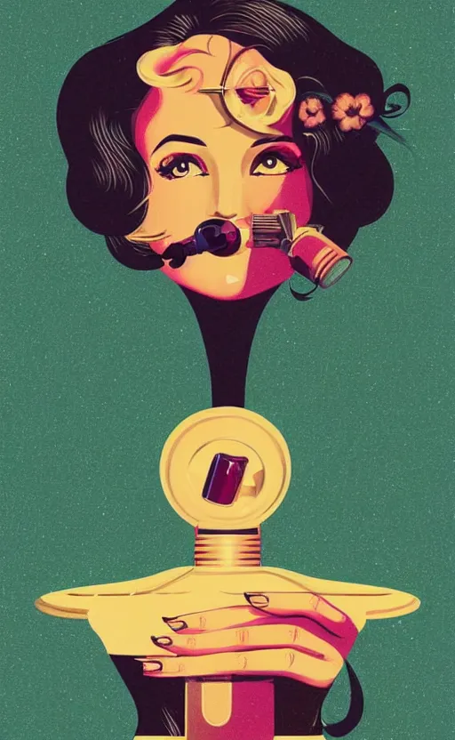 Prompt: illustration, close - up photo with beautiful bottle of perfume near nose, sniffing the aroma, an art deco painting by tom whalen, digital illustration, storybook illustration, grainy texture, flat shading, vector art, airbrush, pastel, watercolor, poster