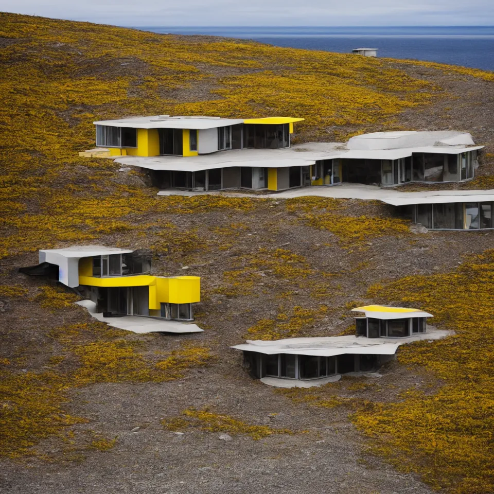 Prompt: a big mid-century modern house on top of a cliff in the arctic, designed by Frank Gehry, with a long gravel pathway towards it. Big tiles. Film grain, cinematic, yellow hue