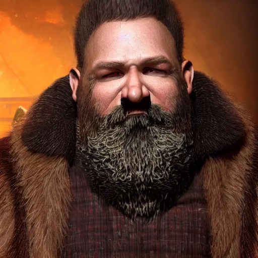 Prompt: fantasy middle - aged burly lumberjack with a beard, render, photorealistic, dungeons and dragons, realistic, dark hair, wearing a fur coat, high quality matte painting, midjourney