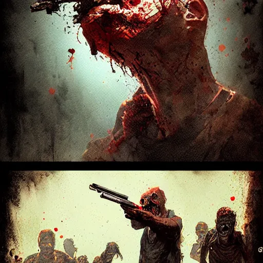 Image similar to a men shooting at a zombie the zombie head exploded because of the bullet by greg rutkowski