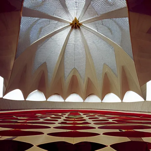 Image similar to interior of a futuristic lotus temple with gold, red and white marble panels, in the desert, by buckminster fuller and syd mead, intricate contemporary architecture, photo journalism, photography, cinematic, national geographic photoshoot