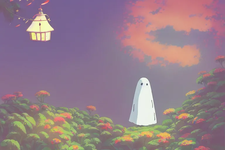 Prompt: a bright, cute ghibli painting of a generic sheet ghost, beautiful lighting, in the style of studio ghibli, artwork by Hayao Miyazaki and Isao Takahata, highly detailed, 8K, smooth, cinematic, vibrant colors, trending on artstation, japanese animation, stunning artistry and soaring imagination