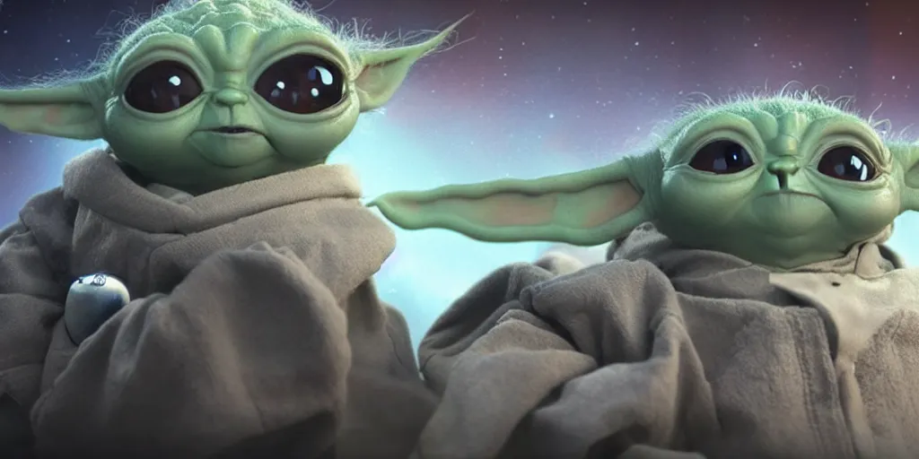 Image similar to a 3 d rendered movie still of baby yoda. baby yoda wears a spacesuit, and explores cosmos in a super awesome space ship. science fiction blockbuster movie baby yoda rules the world or i was a teenage yoda, dramatic lighting, imax 7 0 mm. buzz lightyear