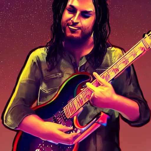 Image similar to a Alanis MOrisette guitarist playing so intensely there is electricity shooting out from his guitar, energy beams under his finger tips, and magic sparkles from the freboard, amazing ditial art, trending on artstation, featured on deviantart