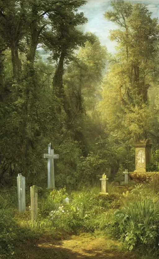 Image similar to artwork painting of a lush environment, a cemetery headstone by eugene von guerard, ivan shishkin