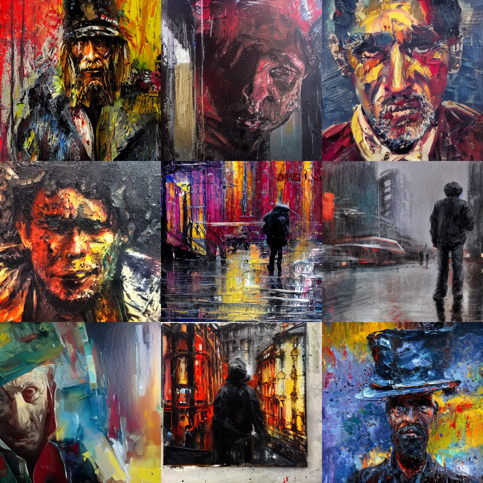 Prompt: old homeless man. new york after midnight, rain. epic futuristic scene. strong personalities and characters on the street. tired, beaten city. neo noir style, rain, oil, blood everywhere, dramatic high contrast lighting. high action! acrylic painting, layered impasto, heavy gesture style. closeup.