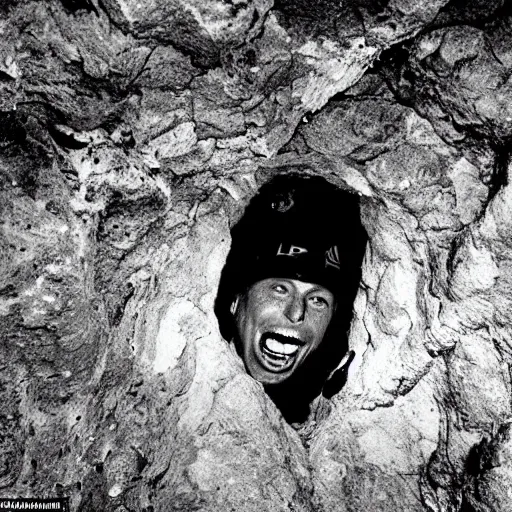 Prompt: photo inside a cavern of a wet reptilian humanoid rapper elon musk partially hidden behind a rock with black eyes open mouth and big teeth