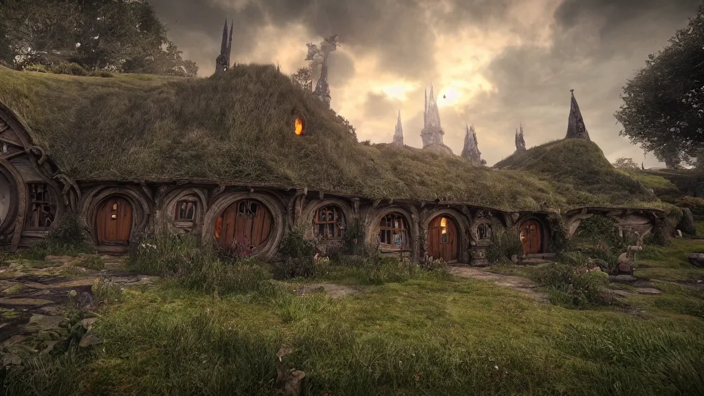 Image similar to wide shot of hobbiton in the style of dark souls, fromsoftware, elden ring, bloodborne