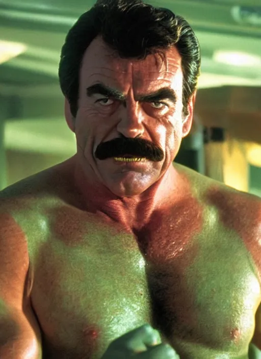 Prompt: film still of tom selleck as the hulk in the incredible hulk, 4 k