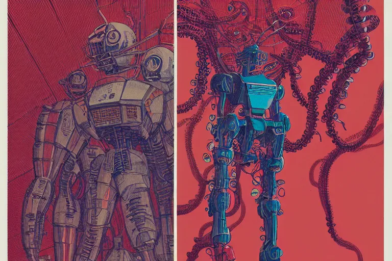 Image similar to risograph grainy drawing vintage sci - fi, satoshi kon color palette, gigantic gundam full - body covered with human bodies and wires, with lot tentacles, vermilion color, codex seraphinianus painting by moebius and satoshi kon and dirk dzimirsky close - up portrait